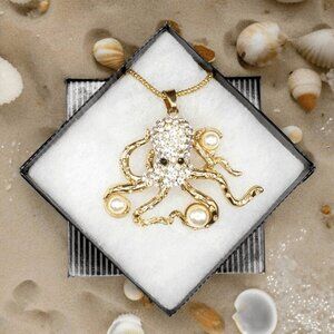 Octopus Pendant Necklace Rhinestone Faux Pearl Gold Tone Giftboxed Ocean